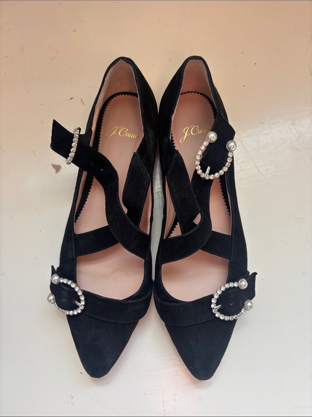 J. Crew Black Suede Pointed Mary Jane Flats with Pearl & Crystal Buckles